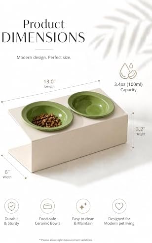 Elevated Cat Bowls 3.4 oz x2, Raised Cat Bowl Stand, Ceramic Cat Food and Water Bowl Set for Cats and Small Dogs (Green) - Image 2