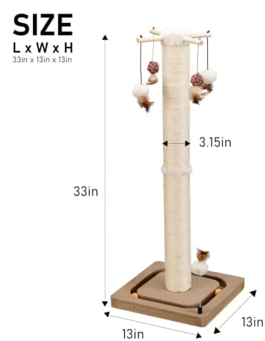 PEEKAB Cat Scratching Post for Indoor Adult Cats and Kittens,33 Inches Tall Large Sisal Scratch Post with Track Ball Toys,Cat Scratcher Toy Beige - Image 2