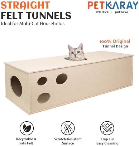 PETKARAY Cat Tunnel, Original Cat Hideaway Cave for Indoor Cats, Large Kitten Play Tubes and Tunnels, Soft Felt Cat Toy with Interactive Peek Hole, Beige Straight - Image 2