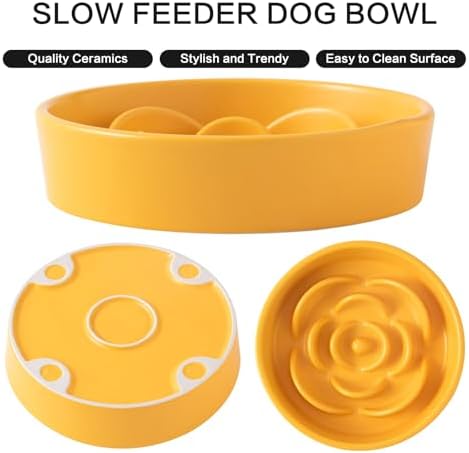 8.25'' Ceramic Slow Feeder Dog Bowls - Petal Shape Modern Dog Food Dish for Medium and Large Breeds, Puzzle Maze Bowl to Slow Down Eating, Anti-Gulping, Dishwasher & Microwave Safe, Yellow - Image 2