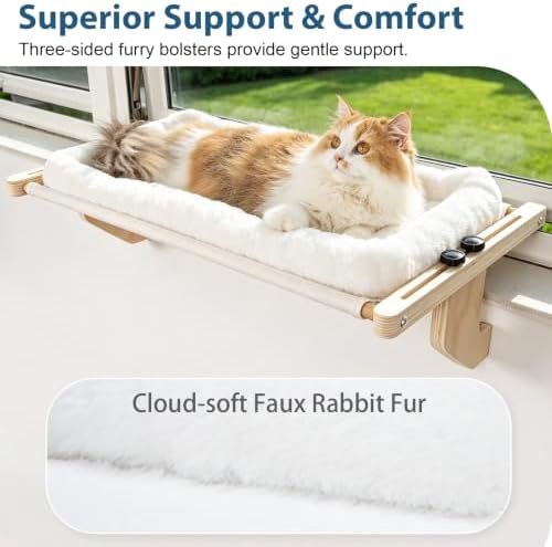 Cat Sill Window Perch - 100% Natural Pine Frame, Plush Fleece Cushion, Tool-Free Adjustment, Supports 55 lbs (Extra Large-White) - Image 2