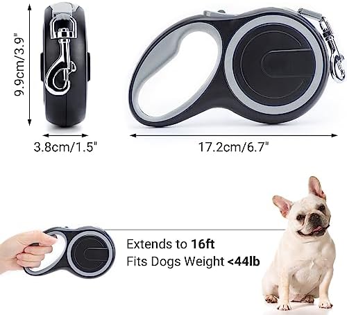 Segarty Retractable Dog Leash, 16ft Heavy Duty Walking Dog Leash for Medium Small Dogs up to 44lb, Anti-Slip Handle 360°Tangle-Free Nylon Tape, One-Handed One Button Lock and Release (Gray) - Image 2