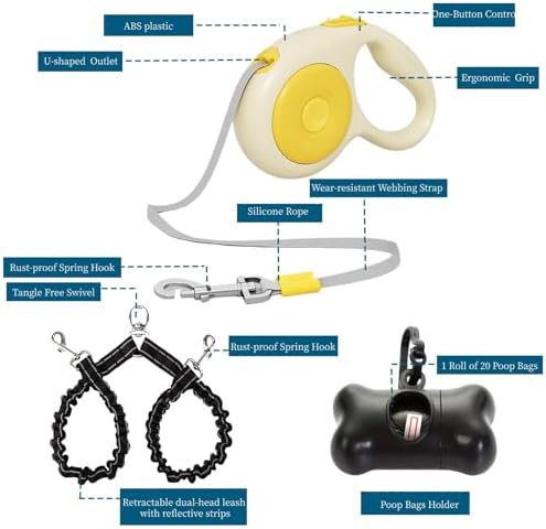 Small Breed Dual Retractable Dog Leash (Up to 44 Lbs Each) One-Button Break and Lock, Non-Slip Grip, Double-Headed, 16-Foot Extendable Pet Leash with Poop Bags, and 360° Tangle-Free (Yellow, Medium) - Image 2