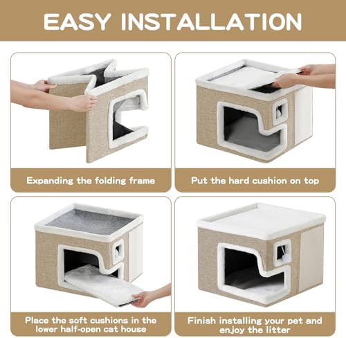 Cat Houses for Indoor Cats, Covered Cat Cave Bed with Scratch Pad and Fluffy Ball, Foldable Cat Hideaway Condo for Large Cats, Modern Kitten Bed,16.5x16.5x13 inches (Khaki, L) - Image 6