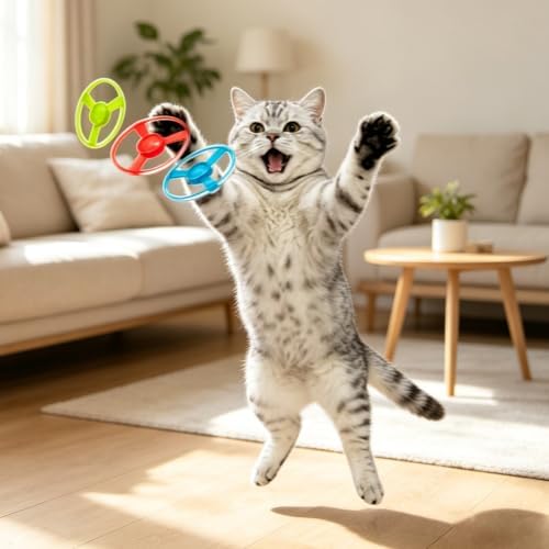 Cat Fetch Toy Flying Disc Cat Propeller Toy Set 2 Launchers 19 Discs 8 Springs Glow in the Dark Fast Reload Interactive Launcher for Indoor and Outdoor - Image 7