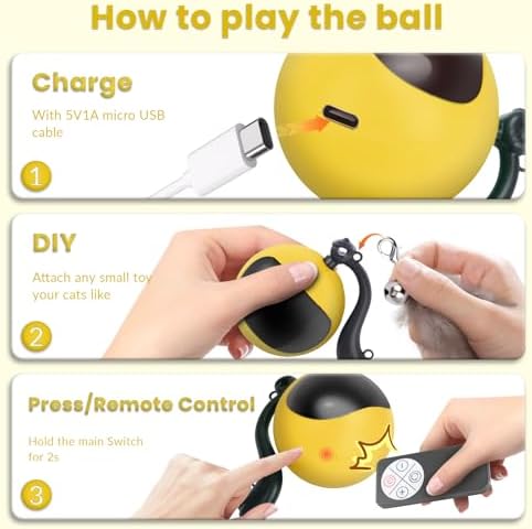 Interactive Cat Toy Ball, Automatic Self-Rolling Cat Toy with Feather Tail, Rechargeable Smart Cat Ball for Indoor Cats(Yellow) - Image 7