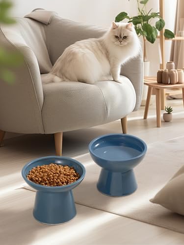 LoeJan Elevated Cat Food and Water Bowls Set, Extra Wide and Raised Ceramic Feeder, Anti-Vomit Whisker-Free Pressure Feeding Bowl for Kittens Adult Small Dogs (Deep Blue) - Image 7