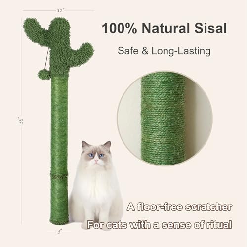 Wall Mounted Cat Scratcher, 35” Extra-Tall Vertical Sisal Scratching Post for Large Cats, Space-Saving Wall Cat Scratcher with Hanging Ball Toy, Cactus Design, Green - Image 2