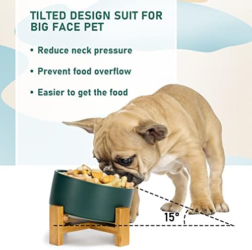 SPUNKYJUNKY 15° Slanted Ceramic Dog and Cat Bowl with Wooden Stand, Tilted Bulldog Food and Water Bowl No Slip Non-Spill for Cats Medium Dogs Big Face Pets 28.7 OZ (3.6 Cups, Green) - Image 2