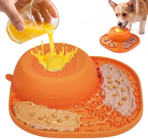 Slow Feeder Dog Bowl Lick Mat with Rolling Ball, Orange by Yiopaun