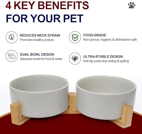 Dog Food Bowl Set, 13.5 oz Ceramic Bowls with Wood Stand, Grey - Image 2