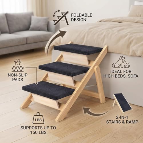 Wooden Pet Stairs for Medium Dogs, Foldable pet Stairs Dog Stairs Ramp with Non-Slip Pads, 3-Step Wood Cat Ladder for High Beds Sofa Dog Steps Couch Car, Portable Pet Steps Supporting up to 150 lb - Image 7