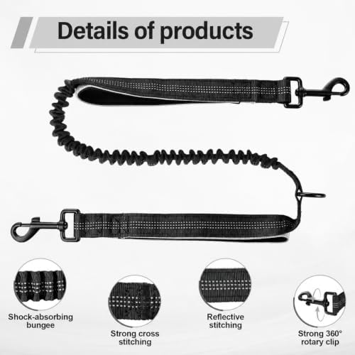 Hands Free Retractable Double Dog Leash, Dual Bungee Waist Belt Reflective - Image 2