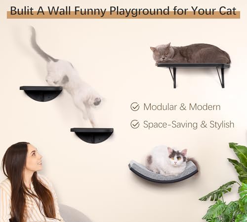 2-Piece Cat Wall Steps with Grey Felt Pads, Floating Cat Wall Perches and Climbing Steps, Wall Mounted Shelf for Small and Large Cats - Image 2