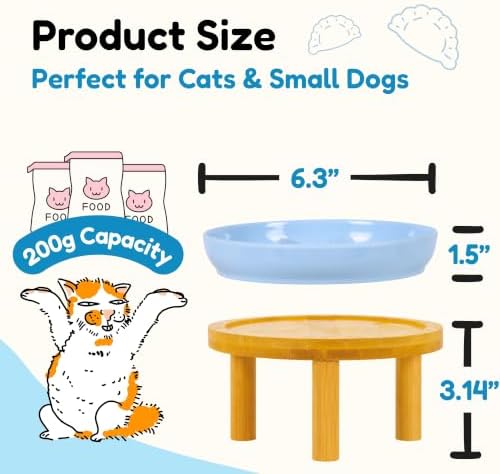 Slow Feeder Cat Bowls with Bamboo Stand, Ceramic Elevated Pet Food Plates for Cats and Small Dogs, Raised Non-Slip Feeder (Blue+Green/6.3") - Image 2