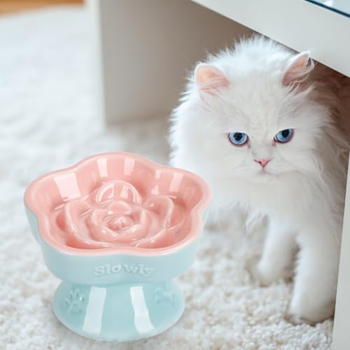 S&Q's CERAMICS Raised Slow Feeder Cat Bowl, Ceramic Elevated and Titled Glass Food Bowl Small Dogs Slow Feeder, Flower Shaped Cute Cat Dish for Dry and Wet Food (Pink, 5.8") - Image 6