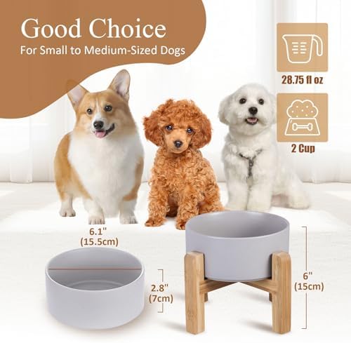 Ceramic Elevated Dog Bowl with Bamboo Stand, for Small & Medium Dog, Grey - Image 2