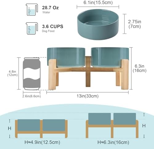 SPUNKYJUNKY Elevated Dog Bowls Ceramic, 6.1'' Dogs and Cat Food Water Bowls Raised with Non-Slip Bamboo Stand for Medium Sized Breed Microwave Dishwasher Safe - 28.7 OZ,Dark Green - Image 2