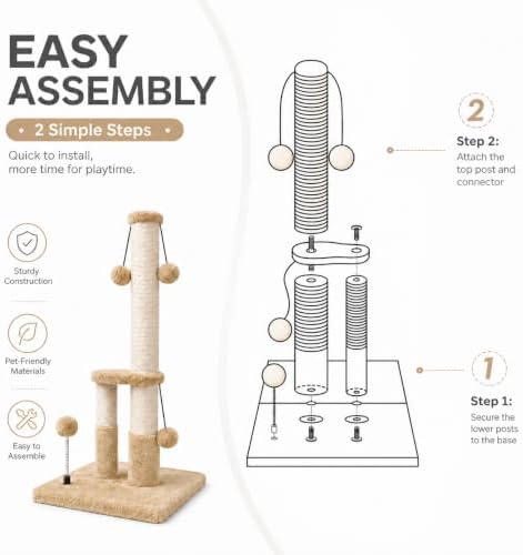 Dimaka Tall Cat Scratching Post, Double Lower Posts Extra Stable Cat Post Tree Scratcher with Sisal Rope and Teasing 4 Balls Total Large Base (Light Brown) - Image 7