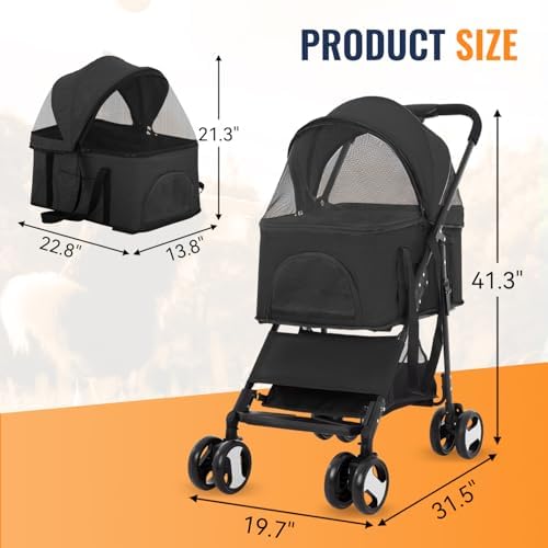 FDW 4-Wheels Multi-Function Dog Stroller Jogger with Detachable Carrier, Lightweight Travel Stroller for Small & Medium Pets, Black - Image 7