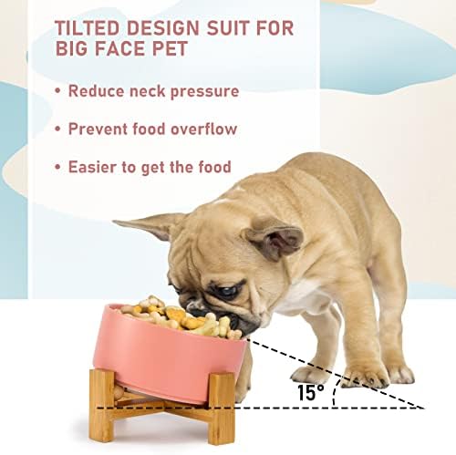 SPUNKYJUNKY 15° Slanted Ceramic Dog and Cat Bowl with Wooden Stand, Tilted Bulldog Food and Water Bowl No Slip Non-Spill for Cats Medium Dogs Big Face Pets 28.7 OZ (3.6 Cups,Pink) - Image 2