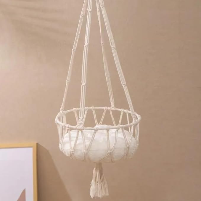 Macrame Cat Hammock, Hanging Bed with Cushion, Boho Style Cotton Rope Swing, White Handwoven Pet Furniture for Indoor Cats (1 White (Cushion Included), Inside Diameter 30)
