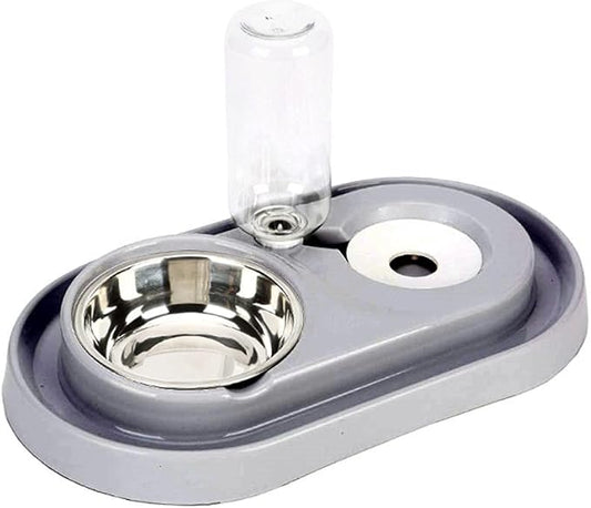 Luck Dawn Pet Feeder, Stainless Steel Double Dog Cat Bowls with Automatic Water Dispenser, for Small and Medium Pets, 500ml, Pink/Blue/Grey