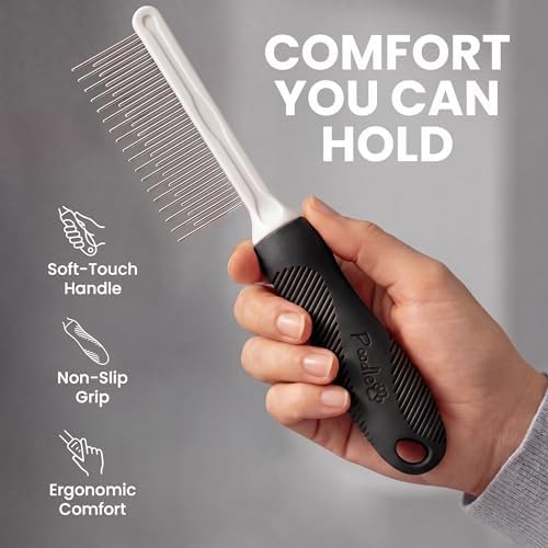 POODLIE Poodle Pet Dog Combs for Grooming Matting - Metal Comb for Dogs with Long & Short Stainless Steel Teeth - Dematting Comb for Cats to Remove Matted Hair & Knots, Black - Image 2
