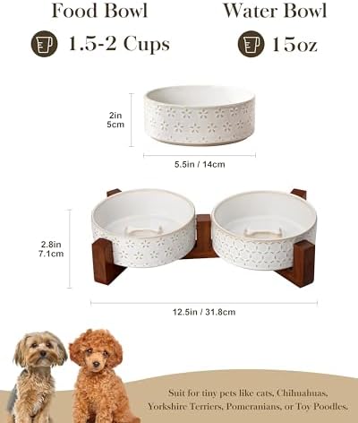 MALACASA Dog Bowl Set, Ceramic Bowls with Walnut Wood Stand, 2 Cups - Image 2
