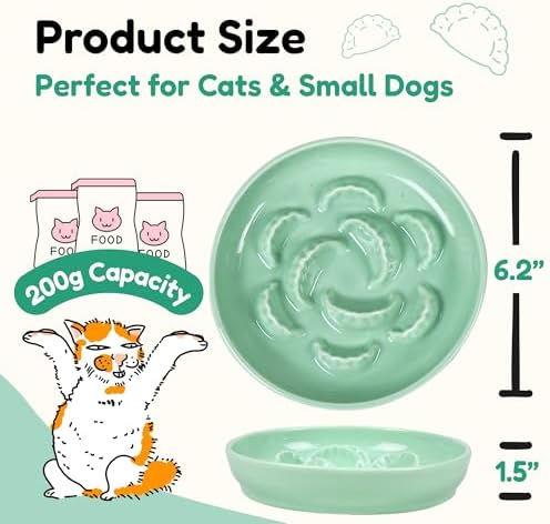 2 Pcs Ceramic Cat Slow Feeder Bowl Set, Dumpling Shape Cat Food Plates, 6.2" W Wide Shallow Whisker Friendly Slow Feeding Cat Bowls for Dry Food, Wet Food & Treats, Dishwasher Safe(Green + Blue) - Image 2