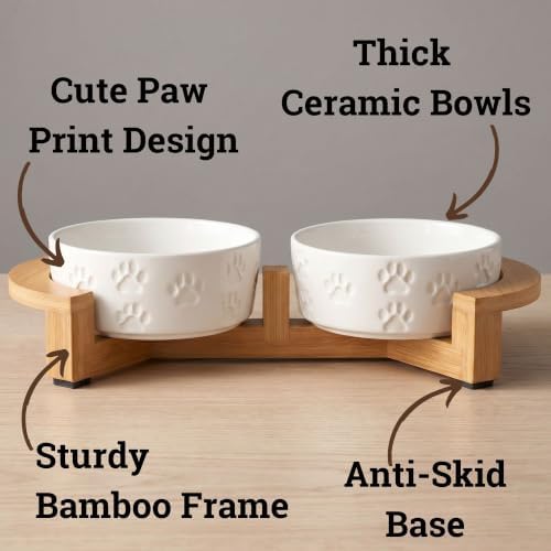Ceramic Dog Bowl Set of 2, Anti-Skid Bamboo Stand, Elevated, 2 Cups Each - Image 2
