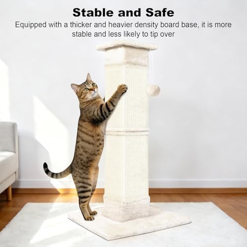 Cat Scratching Post 33 inch for Indoor Cats, Sisal Cat Scratcher, Vertical Posts with Dangling Ball, High Cat Scratch Post, Cat Tree for Full-Body Stretching, Protect Your Furniture, Beige White - Image 7