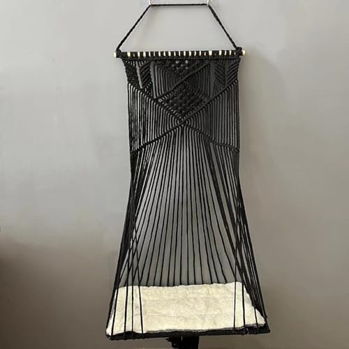 Macrame Hanging Cat Hammock Bed Cat Swing House Space Saving Window Perch with Washed Cotton Cats Toy Tassel Basket Tapestry (Black, Swing Bed+Cushion, L) - Image 7