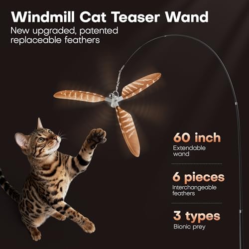 Potaroma Cat Wand Toy, Retractable Carbon Fiber Feather Teaser with Bells - Image 2