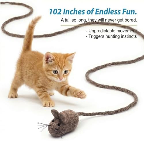 Glaciart One Felt Mouse Cat Toy – Soft Fuzzy Enrichment 100% Natural Wool - Interactive Catnip Play Cat Toy Set - Safe for Pets, Non-AZO Colored Dyes - 100” Long - Image 2