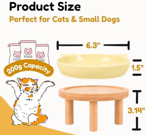 Elevated Ceramic Cat Bowls with Bamboo Stand for Cat Bowl, Whisker Friendly Shallow Cat Plate, Stable Raised Cat Food Riser for Indoor Cats (Yellow, Set of 1) - Image 2