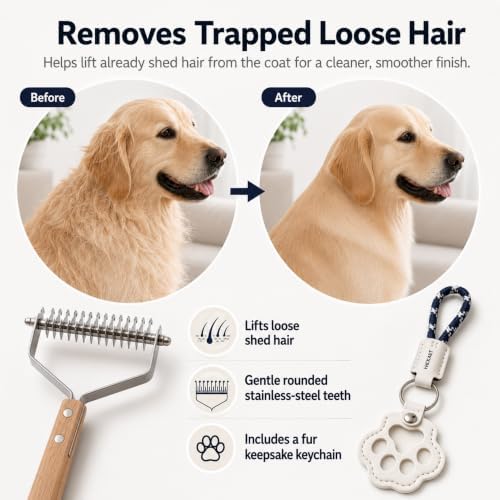 2-in-1 Undercoat Rake & Dematting Tool for Dogs & Cats - Professional Deshedding Brush with Wood Handle - Stainless Steel Grooming Rake for Long Haired Pets - With Paw Print Hair Keepsake Keychain - Image 7