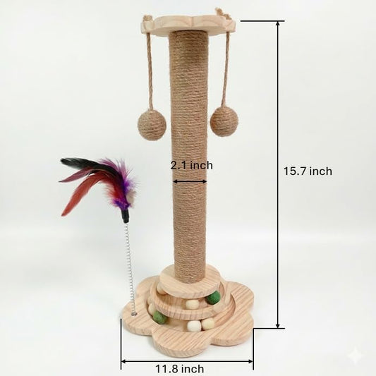 Cat Scratching Post 15" with Sisal Rope, Ball Track Base & Dangling Toys - Image 2
