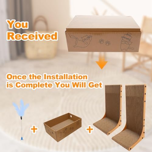 Goosheep Cat Scratching Post, 3-in1 Cat Scratcher for Indoor Cats, 2PK 22in L-Shaped Scratching Board with 1PK Cardboard Box Scratch Pad, Cats Scratch Furniture Protector with Feathered Toy - Image 2