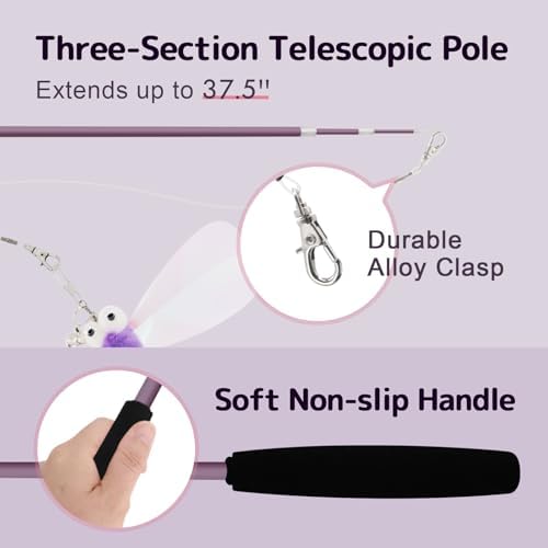 SONGWAY Cat Wand Toys for Indoor Cats - Cat Toy Set with Retractable Teaser Wand and 6 PCS Fairy Feather Toy Refills, Dragonfly Tassel Cat Toys Interactive, Purple - Image 7
