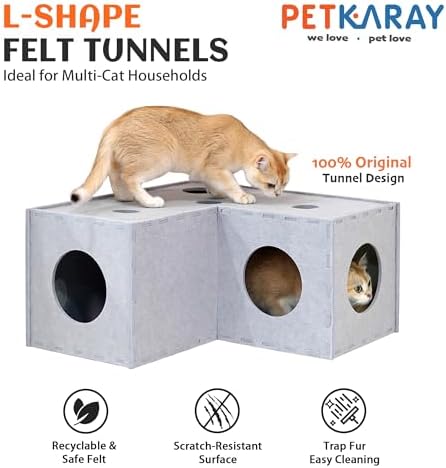 PETKARAY Cat Tunnel, Original Cat Hideaway Cave for Indoor Cats, Large Kitten Play Tubes and Tunnels, Soft Felt Cat Toy with Interactive Peek Hole, Grey L Shape - Image 2