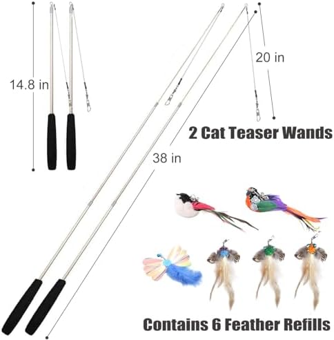 Interactive Cat Wand Toys Set, 2PCS Cat Teaser with 6 Replacement Birds, Feathers & Bells for Indoor Play - Image 2