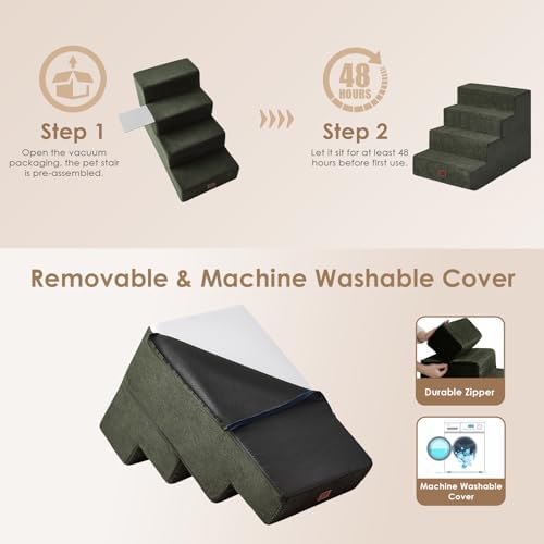 EHEYCIGA Dog Stairs for Bed 20" H, 4-Step Extra Dog Steps, Military Green - Image 7