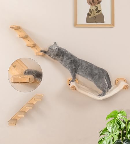 Cat Wall Shelves Set of 4, with 1 Floating Fabric Hammock, 2 Ladders with 4 Steps Each & 1 Flat Shelf – Wall Mounted Bed Furniture & Climber for Large Cats, Indoor Playground - Image 2