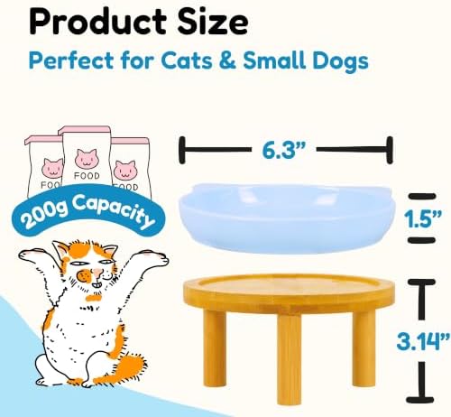 Elevated Ceramic Cat Bowls with Bamboo Stand for Cat Bowl, Whisker Friendly Shallow Cat Plate, Stable Raised Cat Food Riser for Indoor Cats (Blue, Set of 1) - Image 2