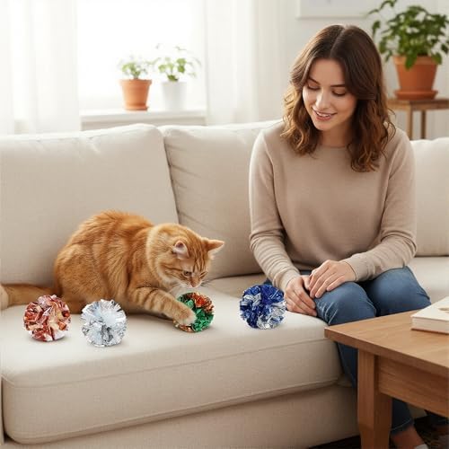 Crinkle Balls Cat Toys, 4 Pcs 3.54 Inch Cat Toys for Indoor Cats, Shiny Mylar Colorful Cats Pounce Chase Toy Attract Kitten to Swat, Interactive Toy for Kittens to Kill Time and Keep Fit - Image 7