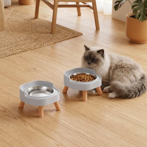 Elevated Cat Bowls, 2P Raised Cat Food and Water Bowl Set for Indoor Cats, Splash Proof with 2 Stainless Steel Pet Food Bowls for Cats & Puppies, Whisker Friendly and Dishwasher Safe - Grey - Image 7