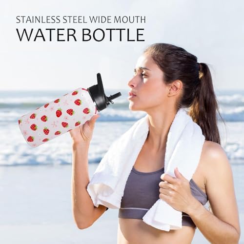 32oz Strawberry Stainless Insulated Aater Water Bottle with Straw,Strawberry Floral Gym Hiking Sports Coffee Mug Cup Water Bottles,Strawberry Themed Gifts for Women,Strawberry Decor Stuff Accessories - Image 7