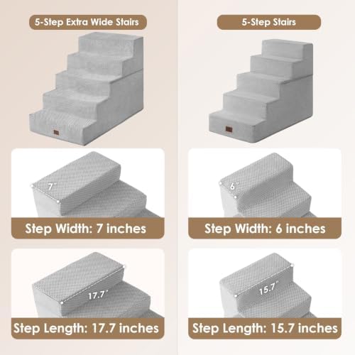 EHEYCIGA Dog Stairs for Bed 22.5"H, 5-Step Extra Wide Dog Steps, Light Grey - Image 2