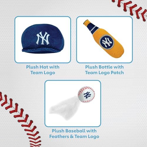 BEST PLUSH CAT TOY - MLB NEW YORK YANKEES Complete Set of 3 piece Cat Toys filled with Fresh Catnip. Incl: 1 Baseball Cap Cat Toy, 1 Baseball Cat Toy with Feathers & 1 Beer Bottle. Beautiful Team LOGO - Image 7